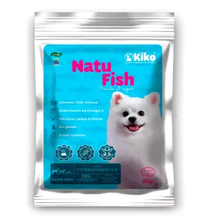 Natu Fish KIKO, alimento húmedo natural para perros cocido al vapor, elaborado con merluza y trucha, doble fuente de Omega 3, ideal para piel sensible y pelaje brillante.
