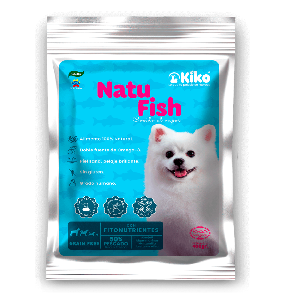 Natu Fish KIKO, alimento húmedo natural para perros cocido al vapor, elaborado con merluza y trucha, doble fuente de Omega 3, ideal para piel sensible y pelaje brillante.