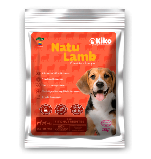 Natu Lamb KIKO, alimento húmedo natural para perros cocido al vapor, elaborado con cordero premium, dieta monoproteica, fácil digestión y equilibrio inmune.