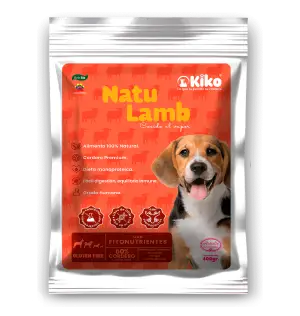 Natu Lamb KIKO, alimento húmedo natural para perros cocido al vapor, elaborado con cordero premium, dieta monoproteica, fácil digestión y equilibrio inmune.