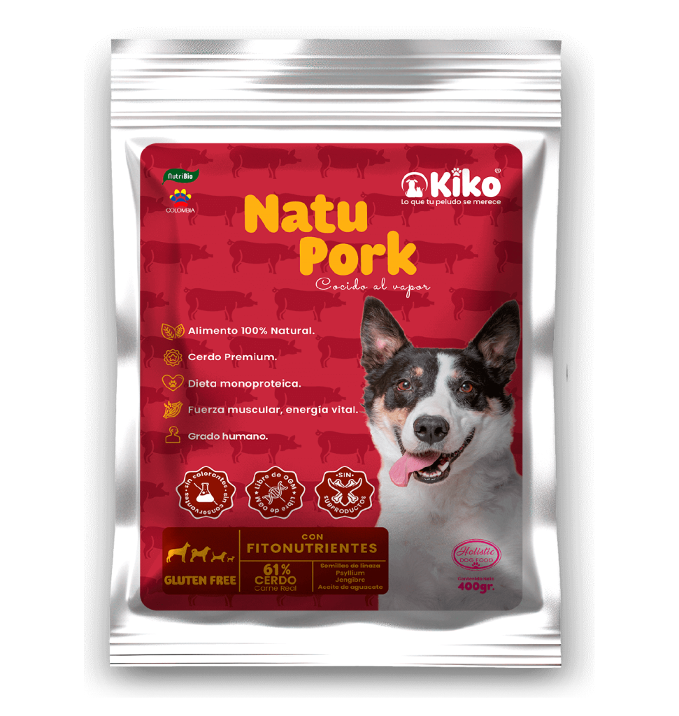 Natu Pork KIKO, alimento húmedo natural para perros cocido al vapor, elaborado con 61% carne magra de cerdo premium, dieta monoproteica, sin conservantes ni subproductos.